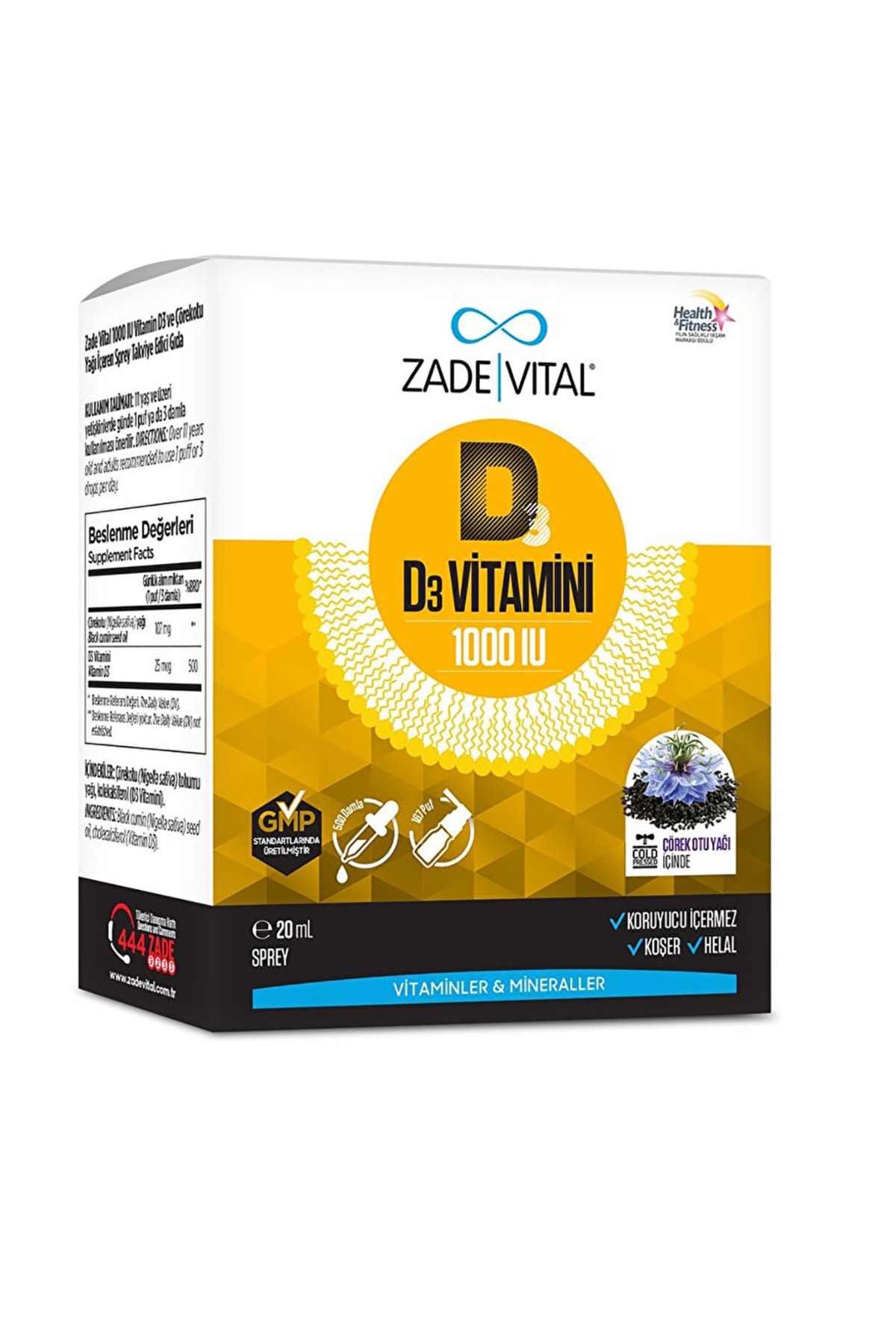 Zade Vital D3 Vitamini 1000 IU çörek otu yağı (Nigella sativa) içeren Sprey damla 20 Ml (2 ADET) Zade Vital D3 Vitamini 1000 IU çörek otu yağı (Nigella sativa) içeren Sprey damla 20 Ml (2 ADET)
